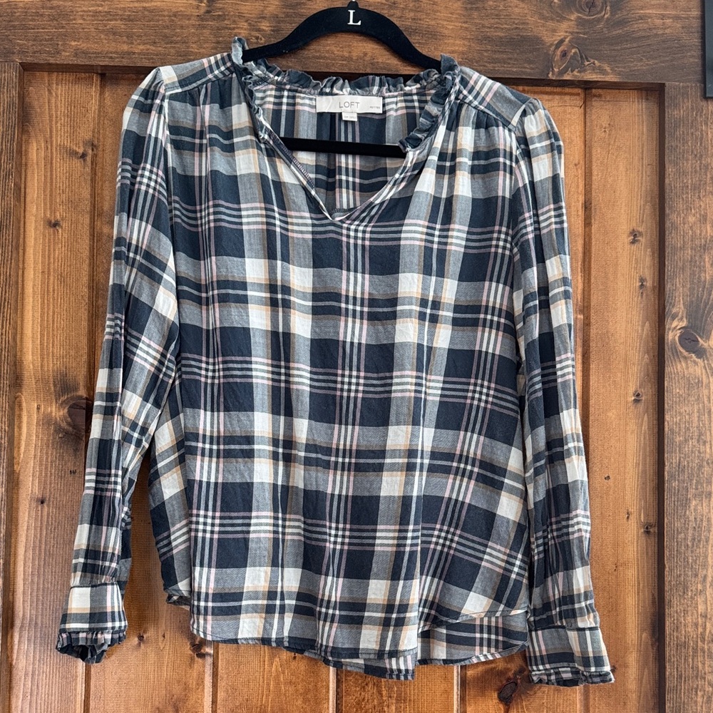 LOFT Plaid Ruffle-Neck Long-Sleeve Blouse - Black & Cream